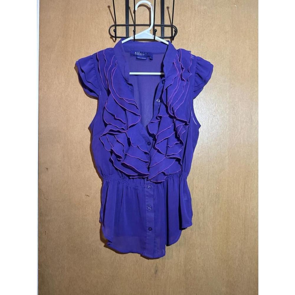 Miley Cyrus x Max Azria Purple Pink Chiffon Ruffle Button Up Sleeveless Blouse